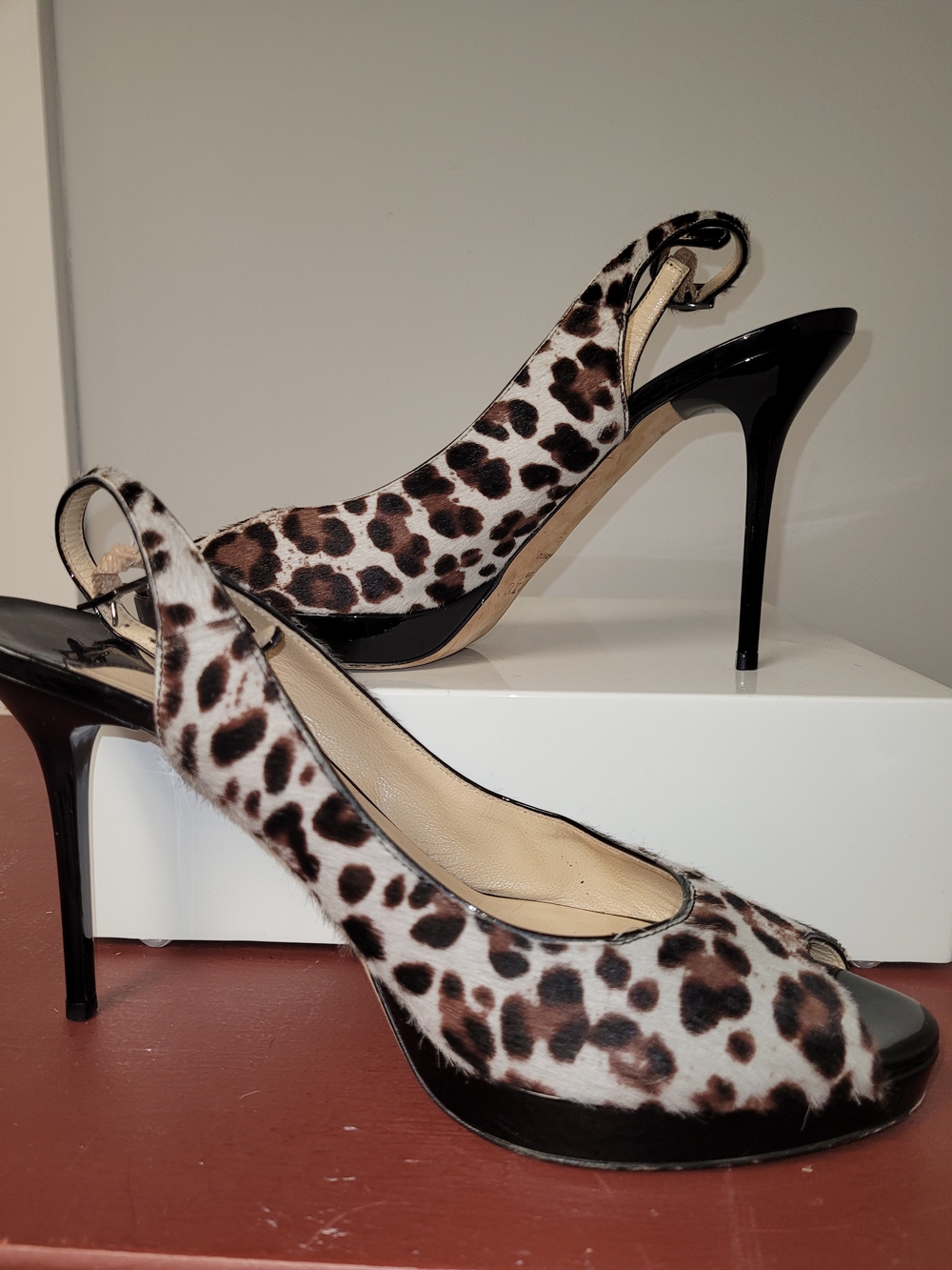 Jimmy Choo Pony Hair Leopard Print Slingback Peep-Toe Stilettos